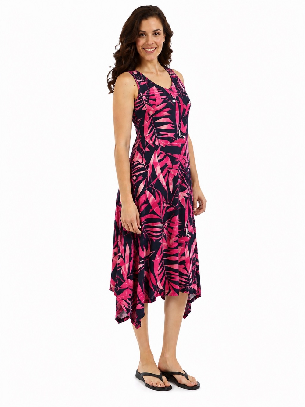 DKR Apparel Long V-Neck Asymmetrical Dress-Pink/Navy Leaf Print